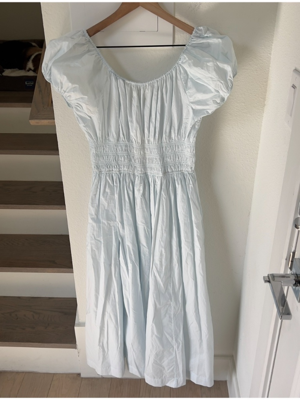 Doen Quinn Tie Detailed Shirred Organic Cotton Poplin Midi Dress in Alice Blue - Picture 4 of 8